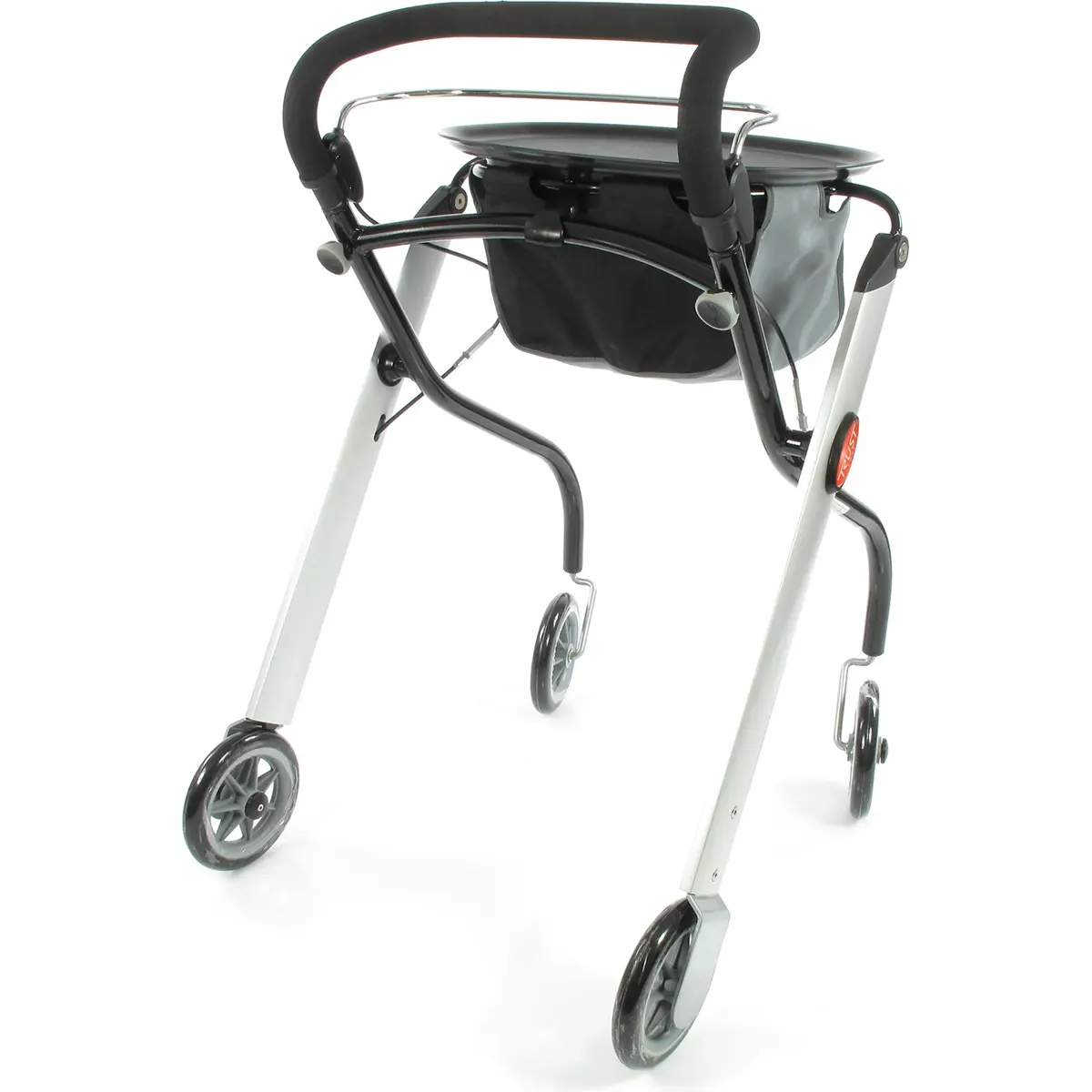 Der Trust Care Let's Go Rollator in Schwarz von Trust Care ist eine moderne, kompakte Gehhilfe für den Innenbereich mit vier Rädern und Aufbewahrungstasche.