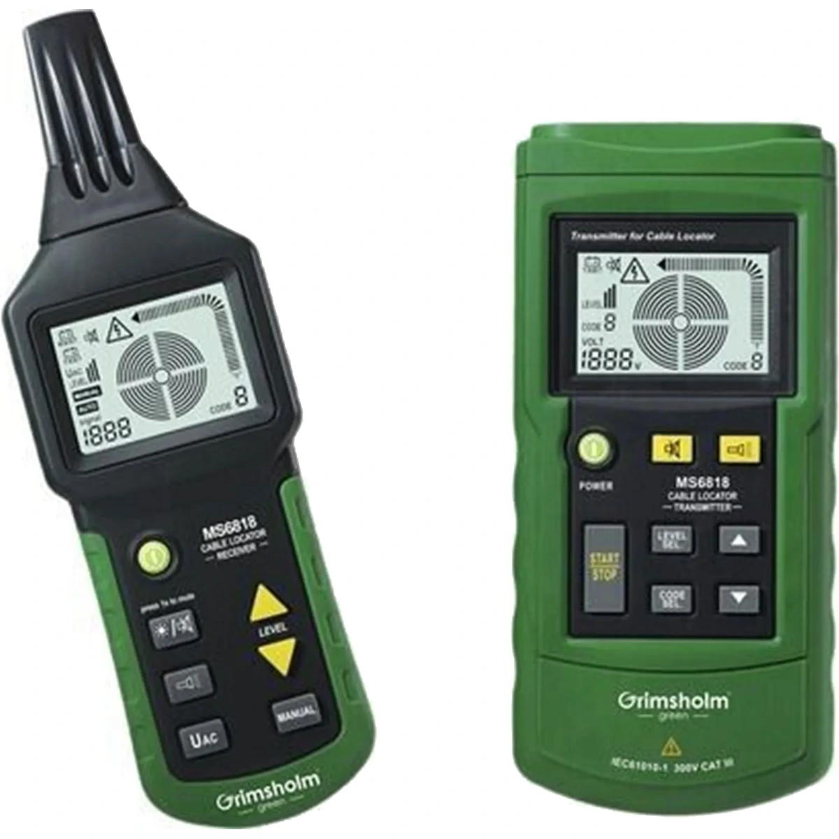 Zwei „Grimsholm MS6818 Kabel-Tracker“-Geräte in Grün und Schwarz mit Digitalanzeigen und Tasten, ideal zur Ortung von Kabelbrüchen in Begrenzungskabeln für Mähroboter, sind nebeneinander abgebildet.