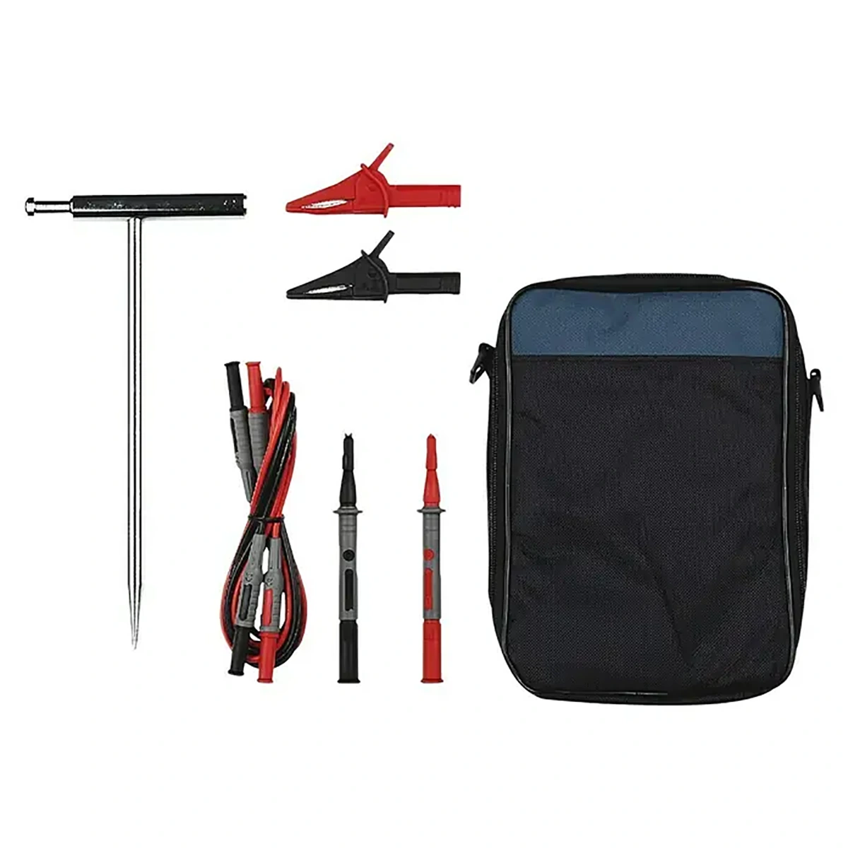 Bodenmess-Set mit Kabeln, Klemmen, Sonden und einem schwarzen Transportkoffer vor weißem Hintergrund – ideal für die Verwendung mit dem Grimsholm MS6818 Kabel-Tracker – grün von Grimsholm.