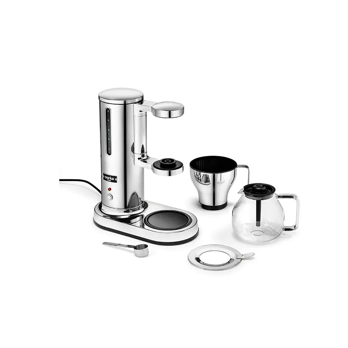 Die „Aarke Filterkaffeemaschine – Edelstahl“ von Aarke verfügt über eine Glaskanne, einen Metallfilterhalter, einen Messlöffel und einen Filterständer vor weißem Hintergrund – perfekt für die Zubereitung von köstlichem Filterkaffee.