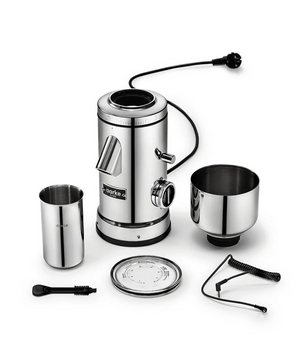 Aarke-Kaffeemühle – Edelstahl mit Zubehör, darunter Behälter, Bürste und Edelstahlkomponenten, präsentiert vor weißem Hintergrund. Dieses Set von Aarke, dessen Design von der Präzision einer Kaffeemühle mit konischem Edelstahlmahlwerk inspiriert ist, vereint Effizienz und zeitgenössisches Design, das an die ursprüngliche Aarke-Kaffeemühle erinnert.