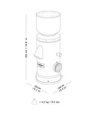 Strichzeichnung der Kaffeemühle „Aarke Coffee Grinder – Edelstahl“ von Aarke mit angegebenen Abmessungen und Gewichtsangaben sowohl in metrischen als auch in imperialen Einheiten, wobei das konische Edelstahlmahlwerk für präzises Mahlen hervorgehoben wird.