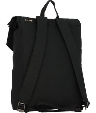Der Fjällräven Totepack No. 1 Rücksack in Schwarz ist von hinten abgebildet und verfügt über gepolsterte Gurte, einen kleinen Griff an der Oberseite und ein praktisches Laptopfach.