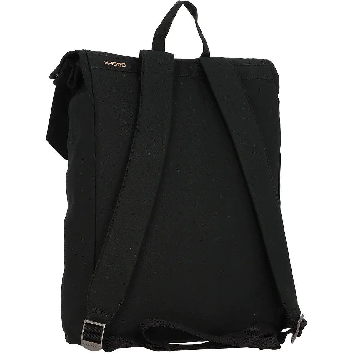 Der Fjällräven Totepack No. 1 Rücksack in Schwarz ist von hinten abgebildet und verfügt über gepolsterte Gurte, einen kleinen Griff an der Oberseite und ein praktisches Laptopfach.