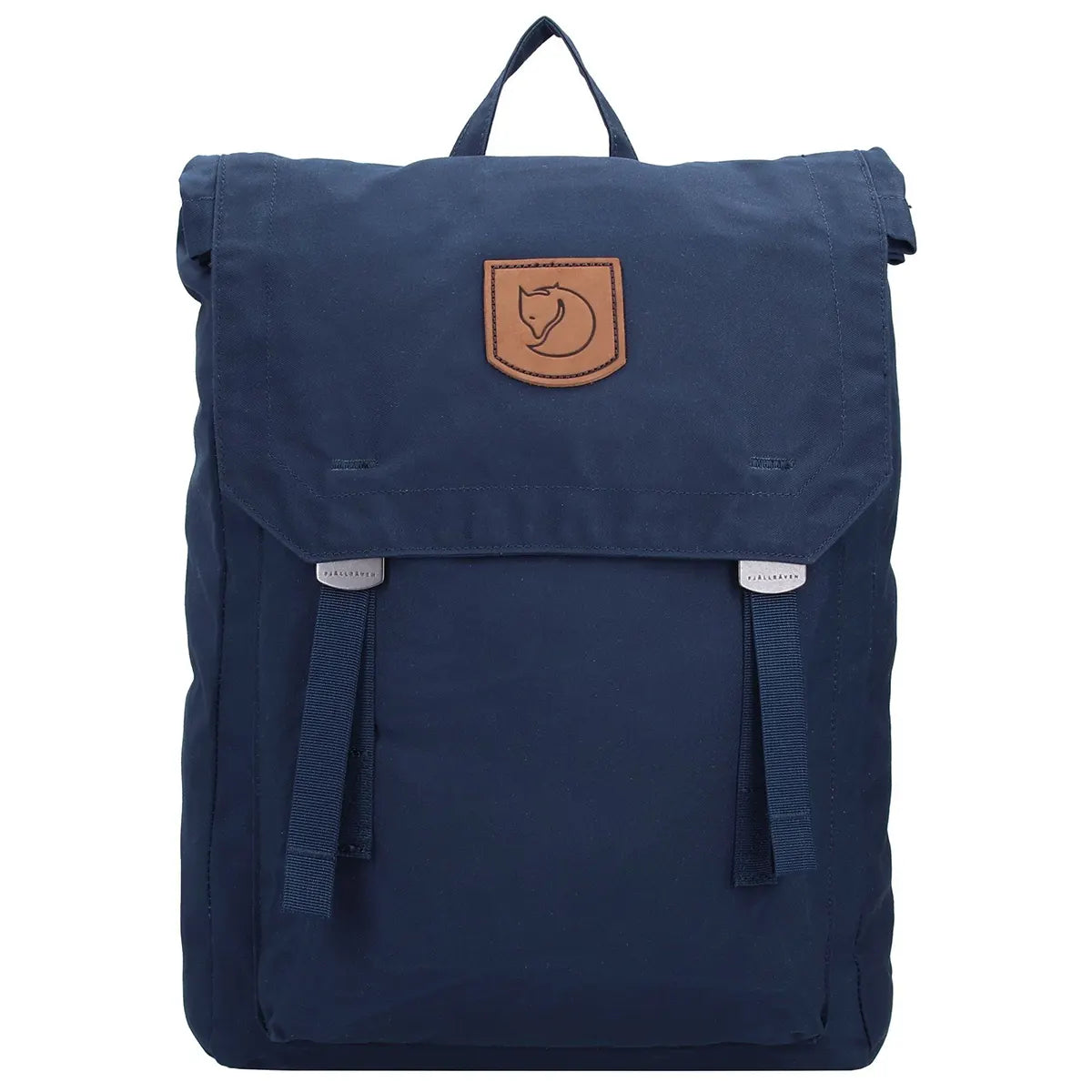 Blauer Fjällräven Totepack No. 1 Rucksack mit minimalistischer Optik, Klappdeckel und braunem Fuchs-Logo-Patch, inspiriert vom Klassiker. Inklusive Laptopfach - ideal für den Alltag.