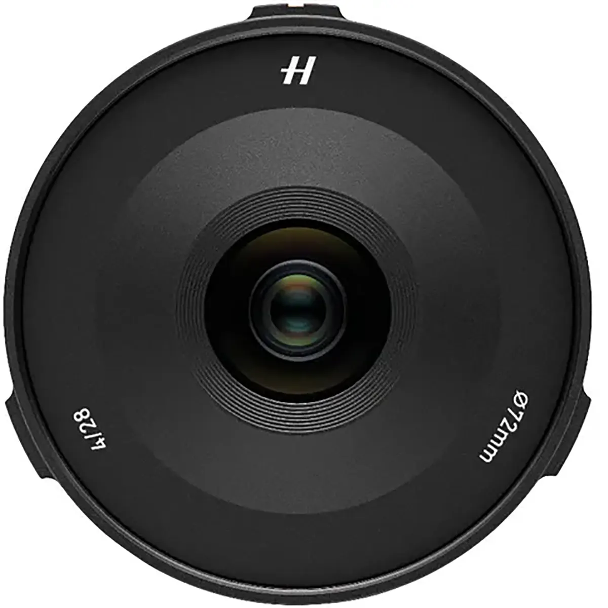 Frontansicht des Hasselblad XCD 4,0/28P Weitwinkelobjektivs in Schwarz - perfekt für Straßenfotografie.
