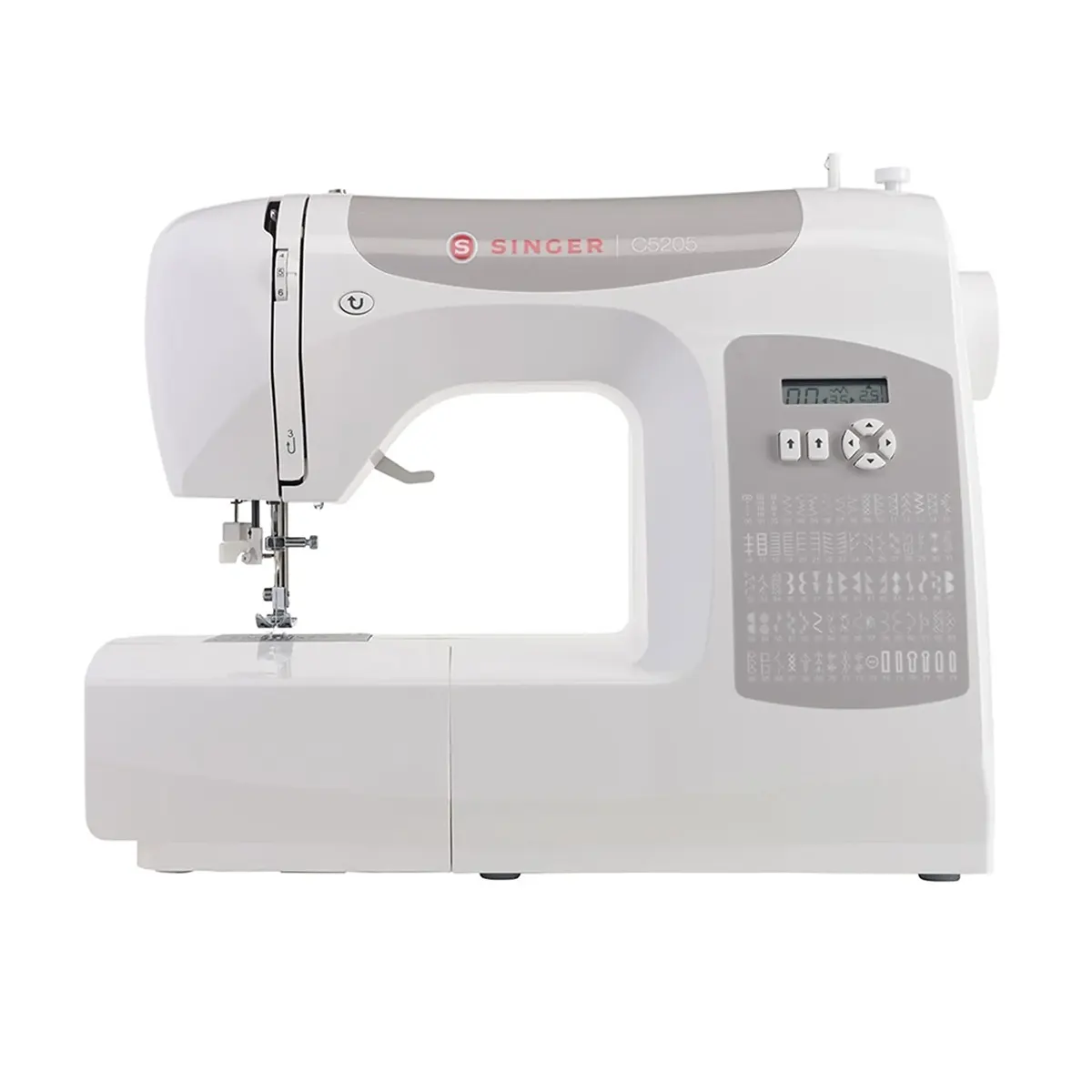 Die SINGER C5205-GY Computernähmaschine – weiß, mit digitalem Display und Stichwahltasten, wird vor einem neutralen Hintergrund gezeigt – ideal als Nähmaschine für Einsteiger.