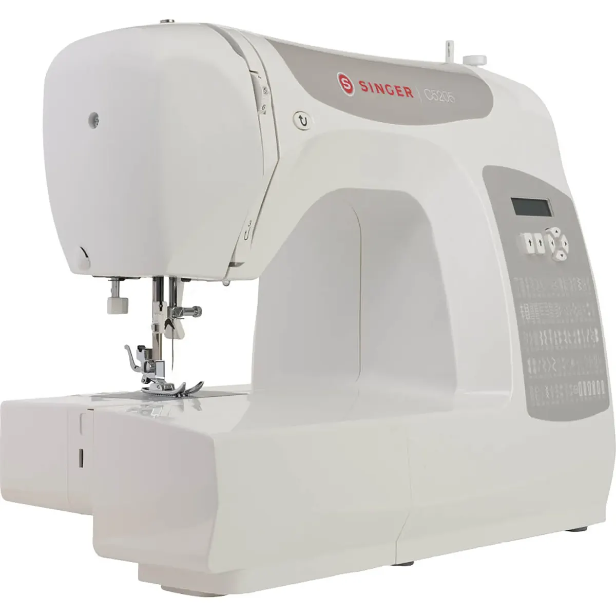 Weißfarbene SINGER C5205-GY Computer-Nähmaschine von SINGER mit digitalen Bedienelementen, von vorne auf neutralem Hintergrund – eine ideale Nähmaschine für Einsteiger.