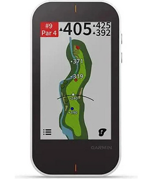 Das Garmin Approach G80 GPS-Golfhandgerät – schwarz von Garmin zeigt auf seinem Bildschirm Loch 9, Par 4, mit Entfernungsangaben und einer Platzkarte für eine einfache Navigation auf dem Golfplatz an.