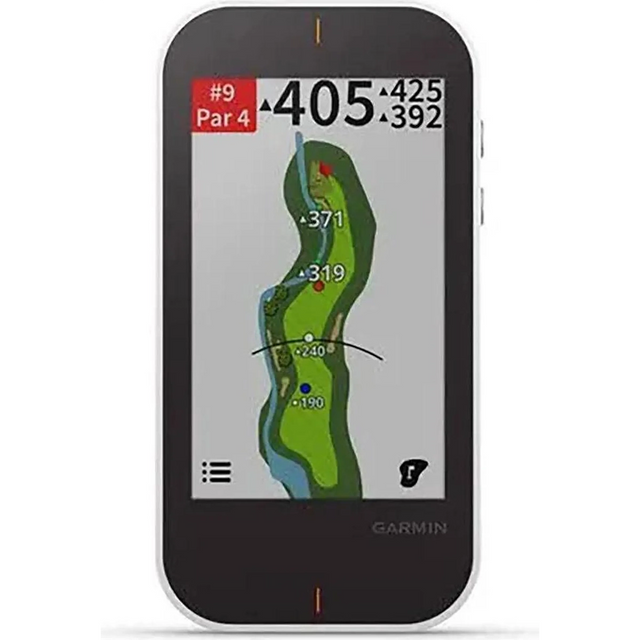 Das Garmin Approach G80 GPS-Golfhandgerät – schwarz von Garmin zeigt auf seinem Bildschirm Loch 9, Par 4, mit Entfernungsangaben und einer Platzkarte für eine einfache Navigation auf dem Golfplatz an.