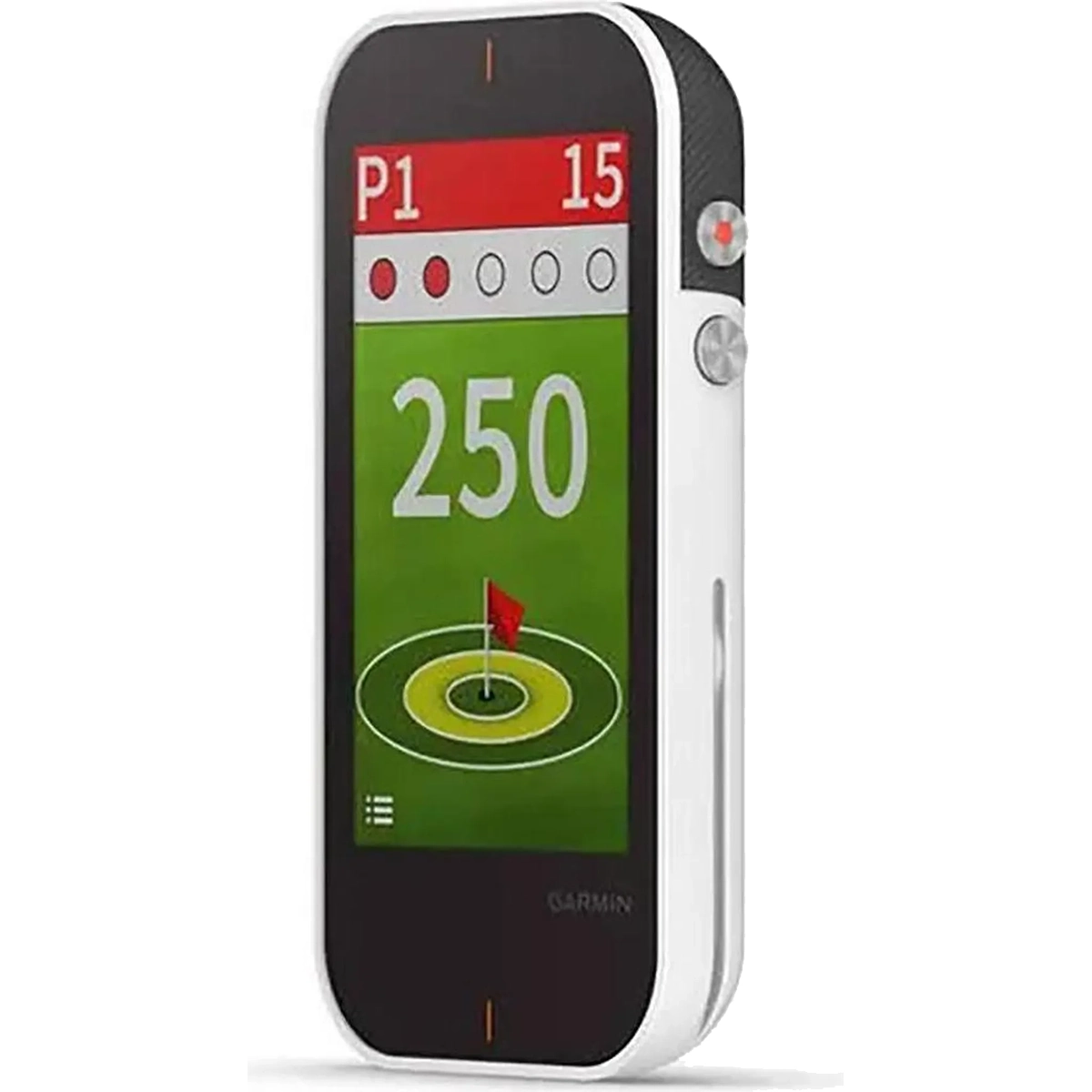 Das Garmin Approach G80 GPS-Golfhandgerät in Schwarz von Garmin zeigt auf dem Farbdisplay eine Entfernung von 250 Yards zur Flagge an – ideal für die präzise Navigation auf dem Golfplatz.