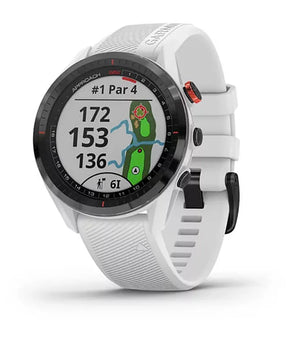 Die Garmin Approach S62 Golfuhr in Weiß zeigt Golfdaten wie Course Map und Entfernungen auf ihrem runden Farbbildschirm.
