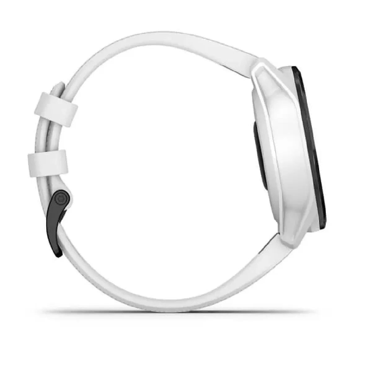 Seitenansicht der Garmin Approach S62 Golfuhr - Weiß, einer weißen GPS-Golfuhr mit rundem Zifferblatt und Silikonband, mit Golfdaten und virtuellem Caddie, von Garmin, auf weißem Hintergrund.