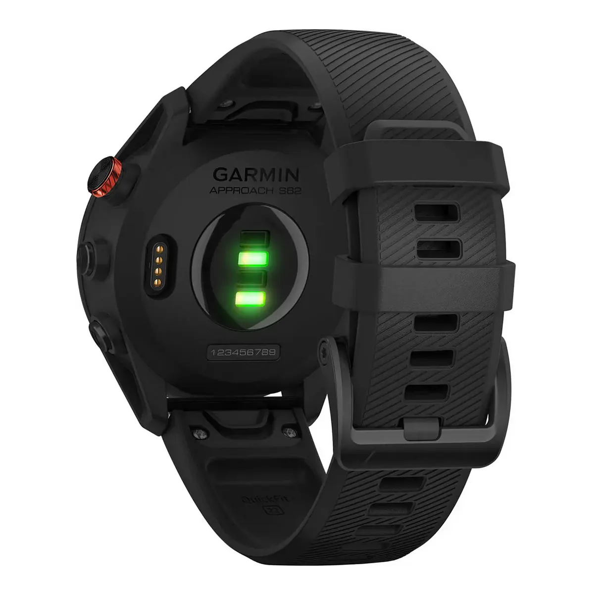 Rückansicht der Garmin Approach S62 Golfuhr in Schwarz, mit sichtbaren Ladesensoren und strukturiertem Armband - ideal für Schlaganalyse auf dem Golfplatz.