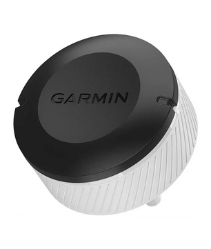 Die Garmin Approach S62 Golfuhr - schwarz, eine schwarz-weiße runde Smartwatch von Garmin mit geriffelten Seiten und Logo auf der Oberseite, ist perfekt für die Schlaganalyse und ähnelt anderen hochwertigen Garmin Golfuhren.