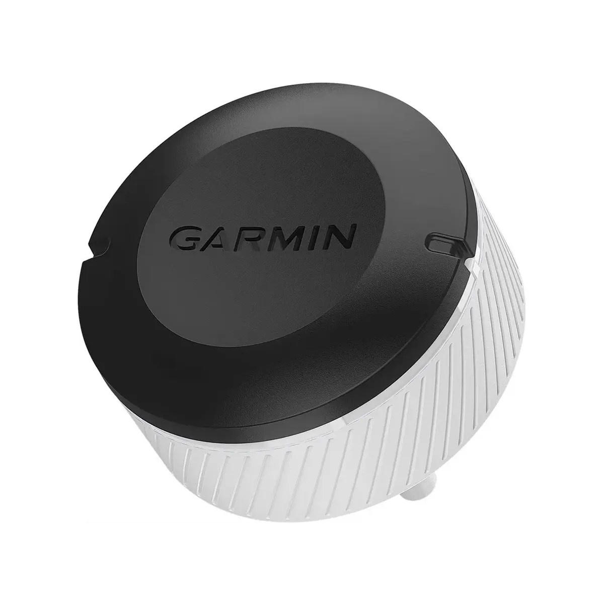 Die Garmin Approach S62 Golfuhr - schwarz, eine schwarz-weiße runde Smartwatch von Garmin mit geriffelten Seiten und Logo auf der Oberseite, ist perfekt für die Schlaganalyse und ähnelt anderen hochwertigen Garmin Golfuhren.
