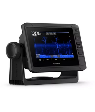 Der Garmin ECHOMAP UHD2 Fischfinder - schwarz von Garmin zeigt Unterwasser-Sonaraufnahmen mit Echolottechnologie auf einem Farbbildschirm an und ist auf einem schwarzen Ständer montiert.