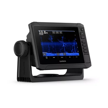Der Garmin ECHOMAP UHD2 Fischfinder - schwarz von Garmin zeigt Unterwasser-Sonaraufnahmen mit Echolottechnologie auf einem Farbbildschirm an und ist auf einem schwarzen Ständer montiert.