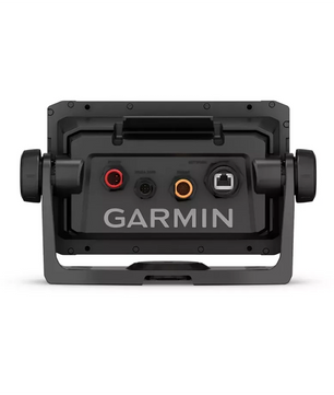 Rückansicht des Garmin ECHOMAP UHD2 Fischfinders - schwarz von Garmin, mit zahlreichen Ports und Anschlüssen auf einem eleganten schwarz-grauen Gehäuse.
