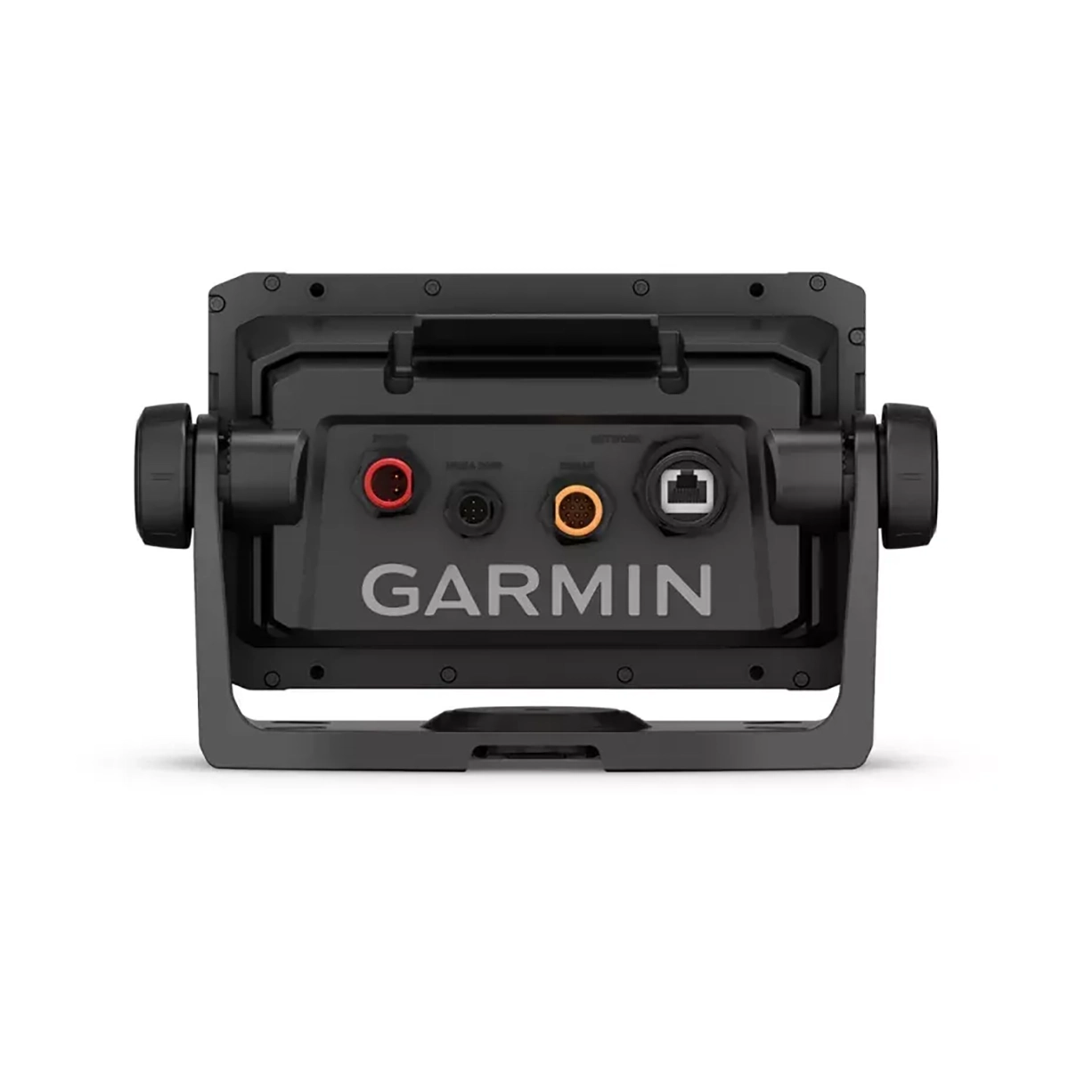 Rückansicht des Garmin ECHOMAP UHD2 Fischfinders - schwarz von Garmin, mit zahlreichen Ports und Anschlüssen auf einem eleganten schwarz-grauen Gehäuse.
