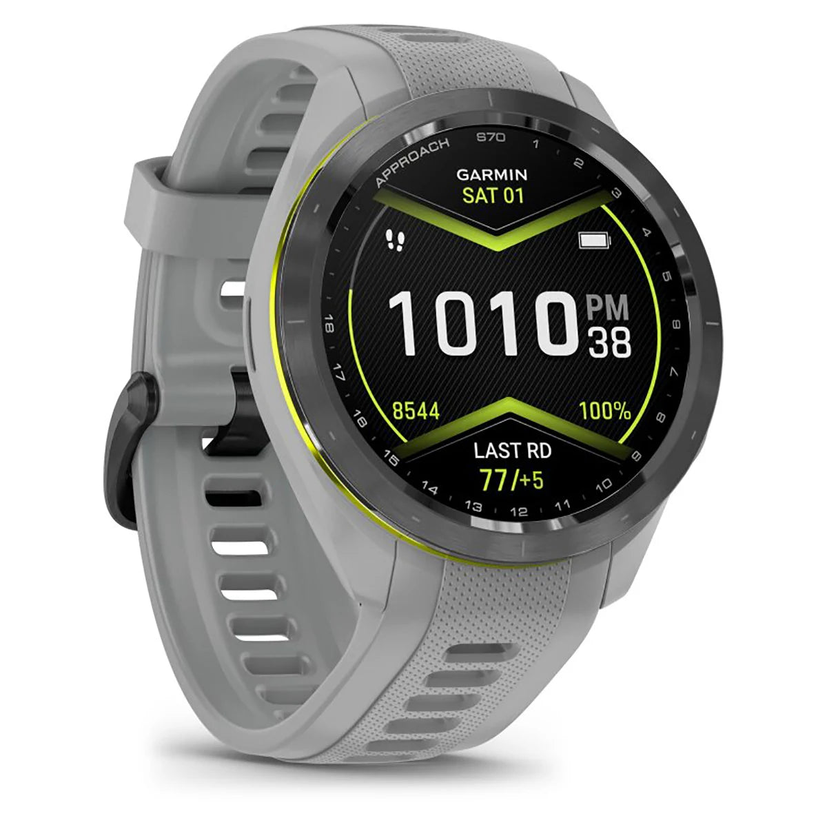 Die Garmin Approach S70 42mm Pudergrau/Schwarz Keramik Golf Smartwatch zeigt auf ihrem runden Digitaldisplay Uhrzeit, Datum, Schritte, Herzfrequenz und Golfplatzkarten an.