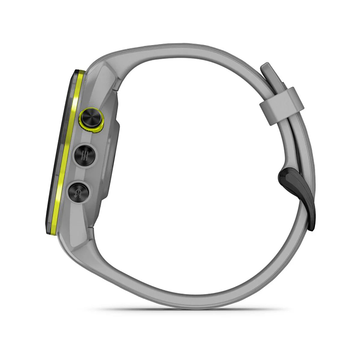 Seitenansicht der Garmin Approach S70 42mm in Pudergrau/Schwarz Keramik mit zwei Tasten, dargestellt auf weißem Hintergrund - ideal für die Anzeige von Golfplatzkarten auf dem Platz. Marke: Garmin.