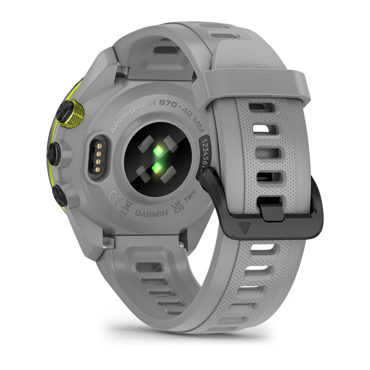Rückansicht der Garmin Approach S70 42mm Pudergrau/Schwarz Keramik mit Grünlichtsensor und perforiertem Silikonband - ideal für die Verwendung von Golfplatzkarten auf dem Platz.