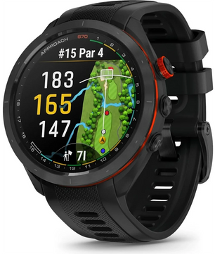 Die Garmin Approach S70 47mm Schwarz Keramik von Garmin zeigt auf ihrem leuchtenden Display eine anschauliche Golfplatzkarte mit Entfernungs- und Lochinformationen.