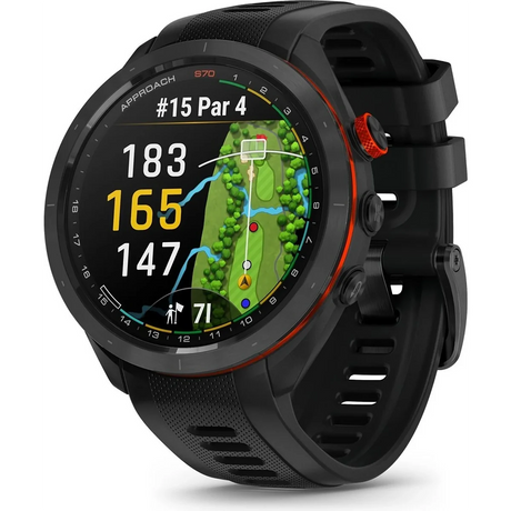 Die Garmin Approach S70 47mm Schwarz Keramik von Garmin zeigt auf ihrem leuchtenden Display eine anschauliche Golfplatzkarte mit Entfernungs- und Lochinformationen.
