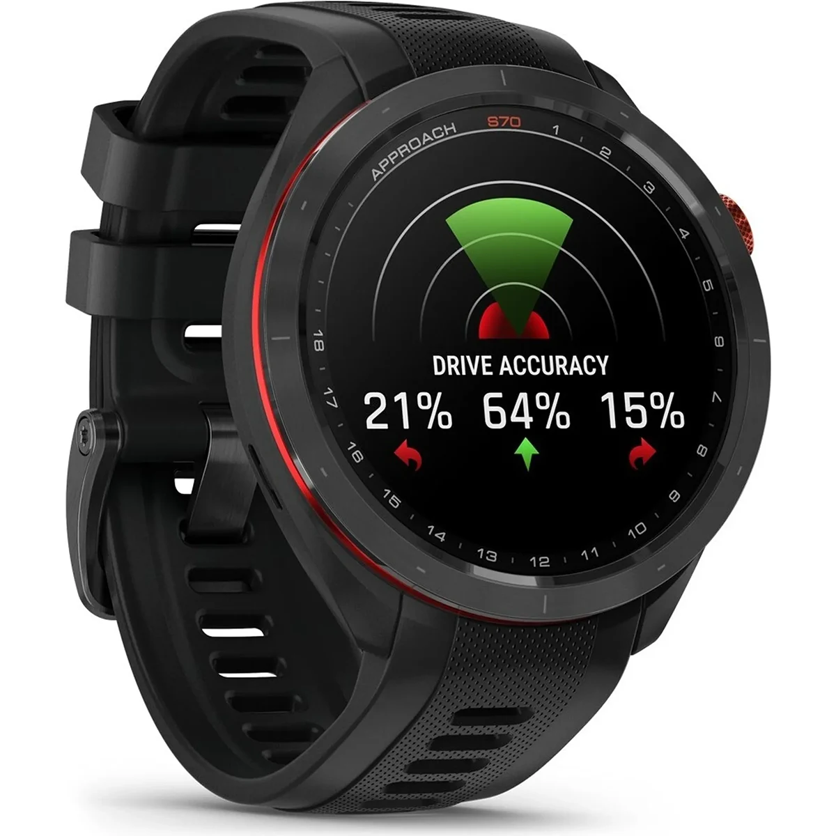 Der Garmin Approach S70 47mm Schwarz Keramik von Garmin zeigt auf seinem eleganten schwarzen Display in einem kreisförmigen Diagramm die Werte für die Fahrgenauigkeit an - 21 %, 64 % und 15 %.