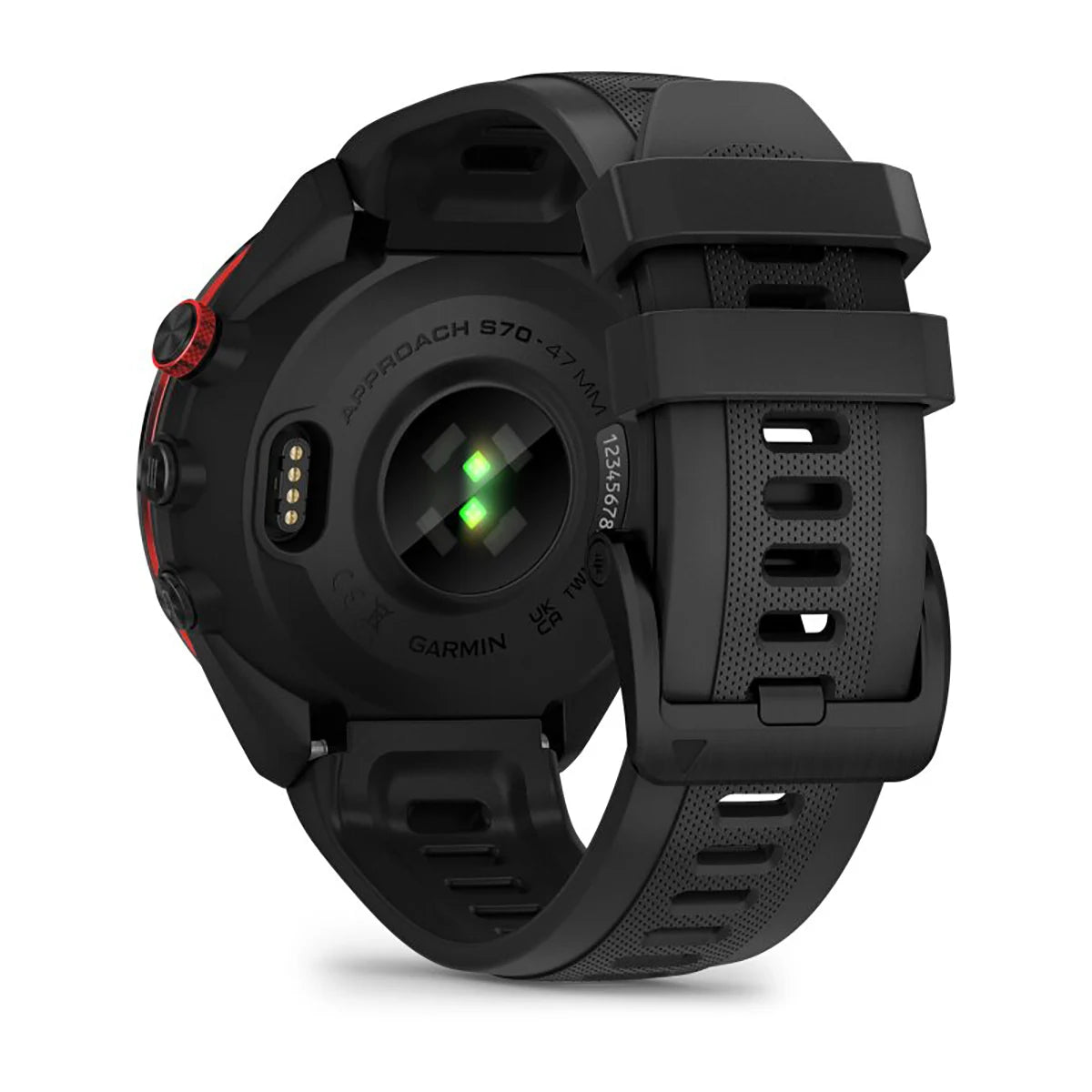 Rückansicht der Garmin Approach S70 47mm Schwarz Keramik von Garmin mit grünem Sensorlicht und schwarzem, perforiertem Armband.