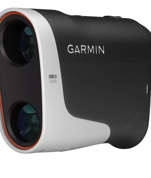 Der Garmin Approach Z30 Laser-Entfernungsmesser - schwarz von Garmin bietet zwei Linsen und TOUR-Beschriftung - ideal für präzise Golf-Distanzmessungen auf dem Platz.