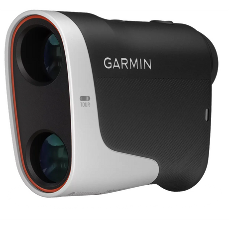 Der Garmin Approach Z30 Laser-Entfernungsmesser - schwarz von Garmin bietet zwei Linsen und TOUR-Beschriftung - ideal für präzise Golf-Distanzmessungen auf dem Platz.