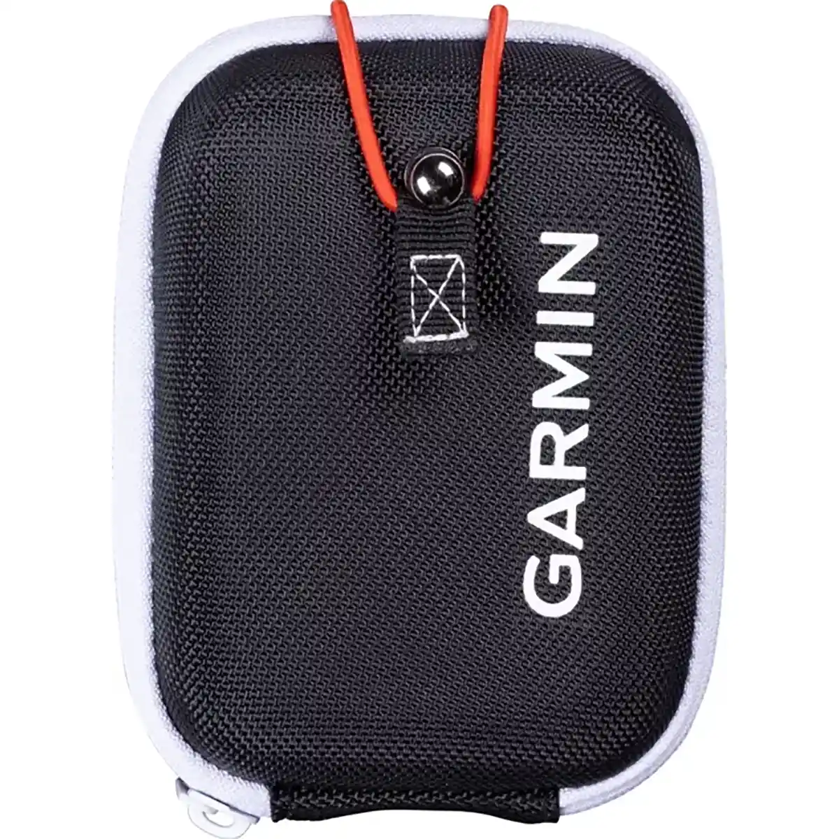 Schwarze Garmin-Tasche mit weißer Zierleiste und rotem Reißverschluss (von oben) - perfekt für die Aufbewahrung Ihres Garmin Approach Z30 Laser-Entfernungsmessers - schwarz.