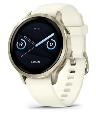 Die beigefarbene Garmin Venu 4 41-mm-Smartwatch verfügt über ein rundes Display und ein weißes Silikonarmband und bietet fortschrittliche Gesundheitsüberwachung für das tägliche Wohlbefinden.