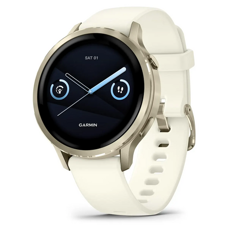 Die beigefarbene Garmin Venu 4 41-mm-Smartwatch verfügt über ein rundes Display und ein weißes Silikonarmband und bietet fortschrittliche Gesundheitsüberwachung für das tägliche Wohlbefinden.