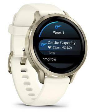 Eine beigefarbene Garmin Venu 4 41-mm-Smartwatch von Garmin zeigt auf ihrem Display Cardio Capacity-Werte von 152 bpm und 35:00 Minuten an und bietet so eine umfassende Gesundheitsüberwachung für Ihren aktiven Lebensstil.