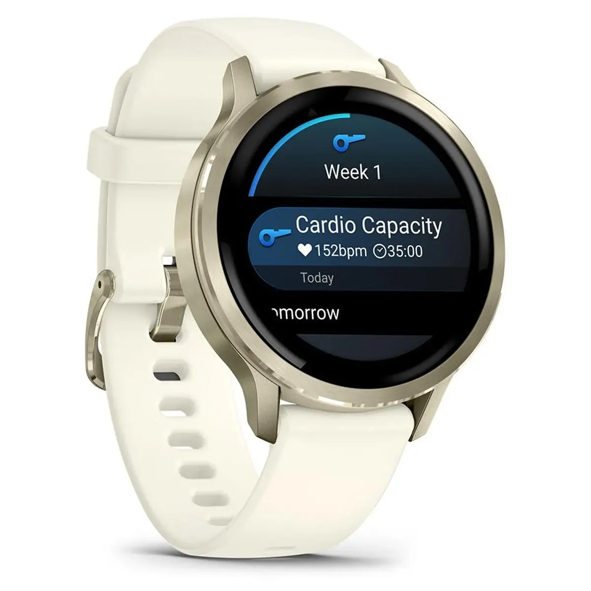 Eine beigefarbene Garmin Venu 4 41-mm-Smartwatch von Garmin zeigt auf ihrem Display Cardio Capacity-Werte von 152 bpm und 35:00 Minuten an und bietet so eine umfassende Gesundheitsüberwachung für Ihren aktiven Lebensstil.