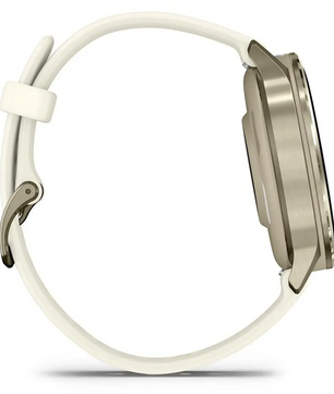 Seitenansicht der Garmin Venu 4 41-mm-Smartwatch in Beige mit Metallgehäuse, abgebildet vor weißem Hintergrund. Dieses Garmin-Modell eignet sich perfekt für die Gesundheitsüberwachung und besticht durch sein elegantes Design.