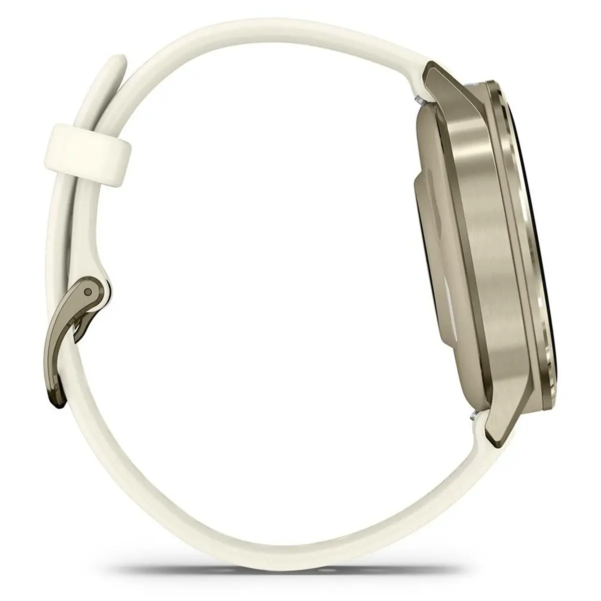 Seitenansicht der Garmin Venu 4 41-mm-Smartwatch in Beige mit Metallgehäuse, abgebildet vor weißem Hintergrund. Dieses Garmin-Modell eignet sich perfekt für die Gesundheitsüberwachung und besticht durch sein elegantes Design.