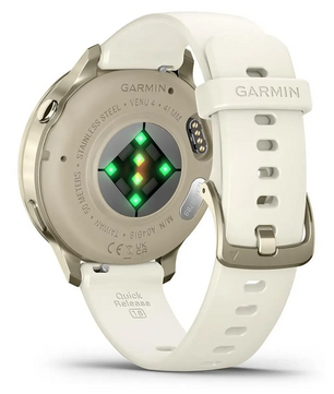 Rückseite einer beigen Garmin Venu 4 Smartwatch (41 mm) mit grün leuchtenden Sensoren zur Gesundheitsüberwachung und einer Metallschnalle.