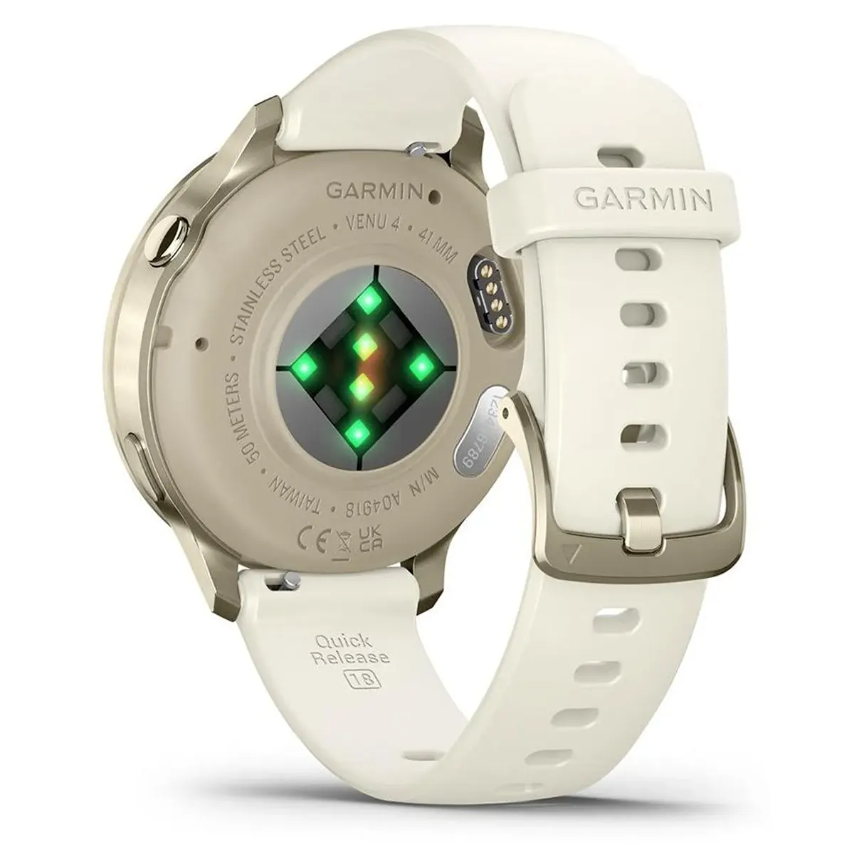 Rückseite einer beigen Garmin Venu 4 Smartwatch (41 mm) mit grün leuchtenden Sensoren zur Gesundheitsüberwachung und einer Metallschnalle.