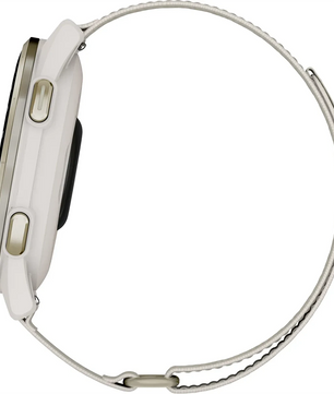 Seitenansicht einer Garmin Approach S50 Smartwatch - Cremegold mit dünnem Metallgewebeband und zwei Gehäusetasten, von Garmin.