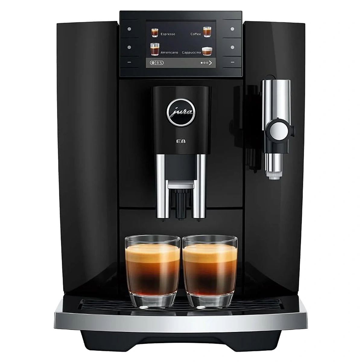 Der Jura E8 Kaffeevollautomat – schwarz brüht zwei Espressotassen mit cremigem Milchschaum und verfügt über ein digitales Display sowie elegante silberne Akzente.