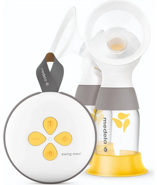 Die Medela Swing Maxi Milchpumpe - gelb ist eine elektrische Doppelmilchpumpe mit 2-Phasen-Expression-Technologie, zwei Flaschen und rundem Bedienfeld.