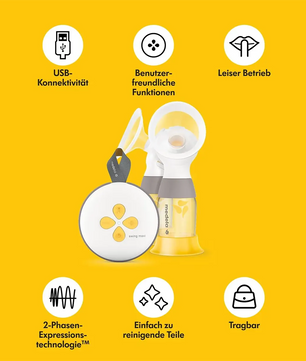 Die Medela Swing Maxi Milchpumpe (gelb) von Medela zeichnet sich durch Tragbarkeit, USB-Anschluss und 2-Phasen-Expression Technologie aus - ideal für Nutzerinnen von elektrischen Doppel-Milchpumpen.