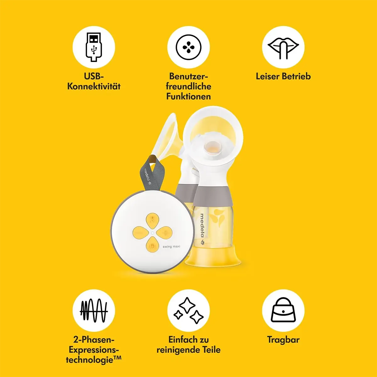 Die Medela Swing Maxi Milchpumpe (gelb) von Medela zeichnet sich durch Tragbarkeit, USB-Anschluss und 2-Phasen-Expression Technologie aus - ideal für Nutzerinnen von elektrischen Doppel-Milchpumpen.