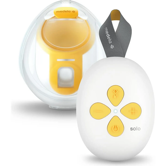 Medela Solo – freihändige elektrische Milchpumpe von Medela in Weiß mit kompaktem, rundem Pumpenteil und passender Steuereinheit.