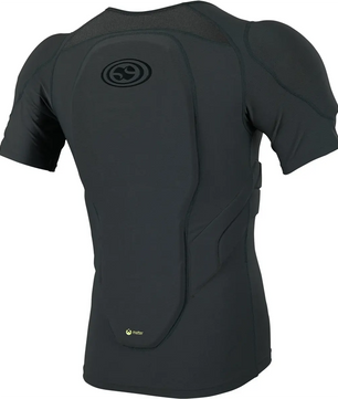 Das IXS Sports Division Carve Trikot Oberkörperschutz (Größe: XS/S, grau) ist ein graues kurzärmeliges Schutzhemd mit Rücken- und Schulterschutz und einem Rückenschild, hier von hinten.
