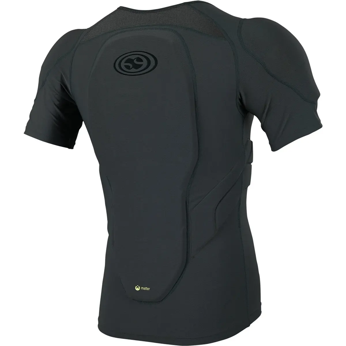 Das IXS Sports Division Carve Trikot Oberkörperschutz (Größe: XS/S, grau) ist ein graues kurzärmeliges Schutzhemd mit Rücken- und Schulterschutz und einem Rückenschild, hier von hinten.